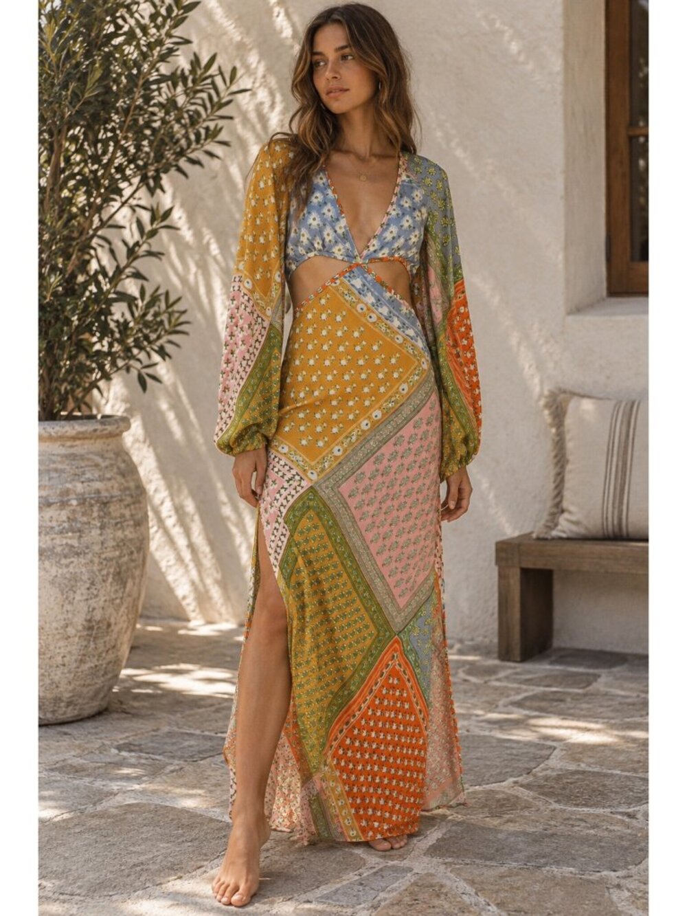 Jen's Pirate Booty Daydream Sonora Patchwork Cutout Boho Maxi Dress Designer M